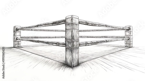 Boxing ring sketch: A meticulously detailed sketch of a boxing ring, the rough lines and shadows suggesting the intensity of the sport and the battles fought within.