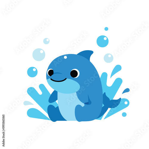 A cute, blue cartoon dolphin sits amidst splashing water and bubbles, smiling cheerfully against a clean white background in a vector style.