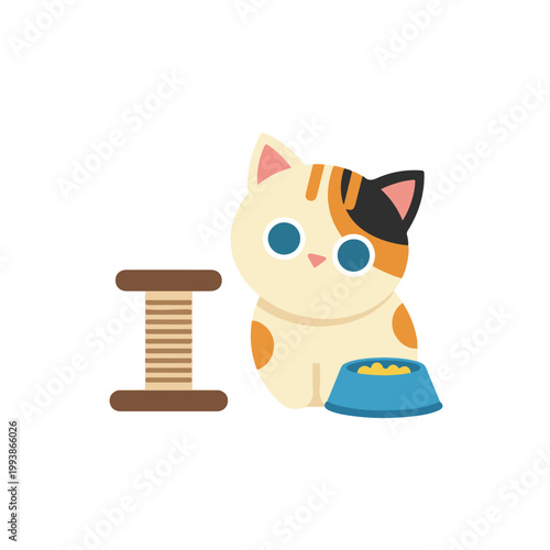 A cute cartoon calico cat sitting next to a brown scratching post and a blue bowl filled with yellow food on a white background.
