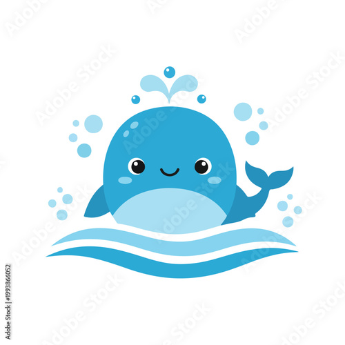 A charming cartoon blue whale with a smiling expression is playfully spouting water while swimming through stylized ocean waves and bubbles.