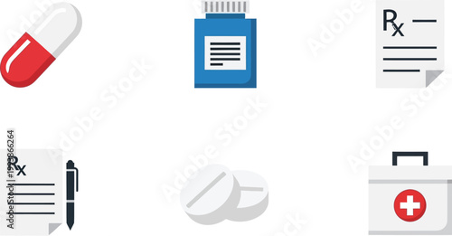 Medical supplies display essential tools for healthcare and pharmacy.