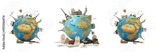 Foto Global Travel and Tourism Concept PNG: 3D Earth Globe with Famous Landmarks, Air