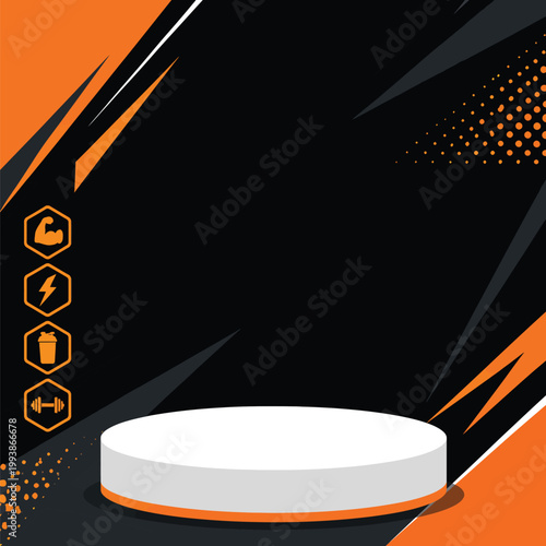 Sporty product podium vector, orange and black fitness background, athletic gym display stand with workout icons