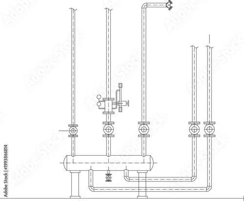Technical engineering schematic of a piping system featuring vertical risers, flanges, valves, gauges, and a horizontal cylindrical vessel.