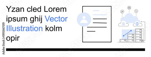 Cloud computing, data management, user identification, digital storage, information security, document access. Image shows cloud storage with data servers. Cloud computing and data management concept