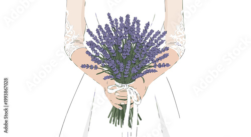 Woman in black lace dress holding lavender bouquet illustration