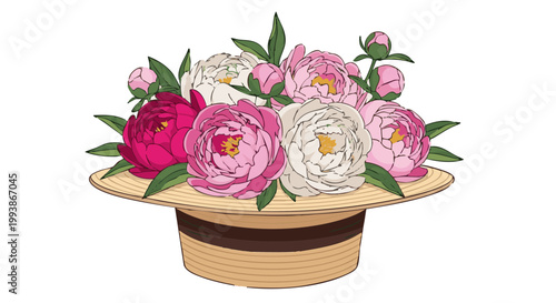 Pink and white peonies in straw boater hat. Vector floral illustration isolated on black background