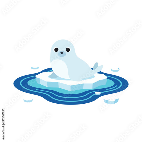 This vector illustration features a cute harp seal pup sitting calmly on a floating ice floe amidst blue arctic waters on a white background.
