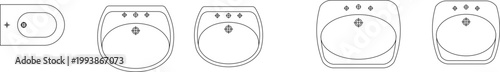 Technical architectural plan view of five sink basin designs showing various shapes from oval to rounded rectangular with faucet hole configurations.