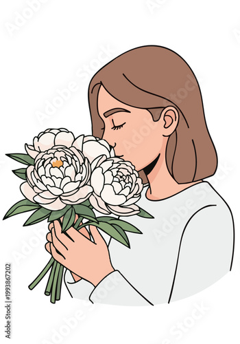 Woman smelling white peony bouquet isolated on black background