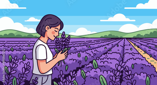 Woman smelling lavender flowers in purple field on sunny day