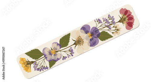 Bookmark with pressed flowers and leaves. Botanical vector illustration of pansies and wildflowers