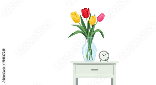 Colorful tulip bouquet in glass vase on bedside table with clock