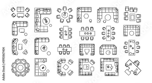 architectural furniture symbols floor plan layouts and interior design elements as cad plan vector icons for modern room arrangements.