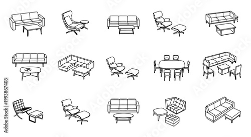 architectural furniture symbols vector icons for modern interior design showcasing various household furniture in CAD floor plans.