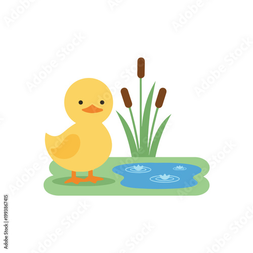 A cute yellow duckling stands on a patch of green grass beside a small pond and cattails in this vector illustration.