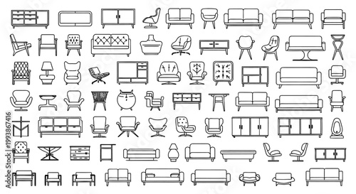 essential vector outline furniture icons for interior design and architectural floor plans featuring sofas chairs and cabinets.