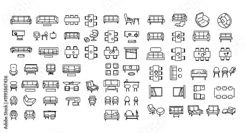 furniture symbols architectural plan top view icons for interior design and floor plans showing various modern home and office layouts.