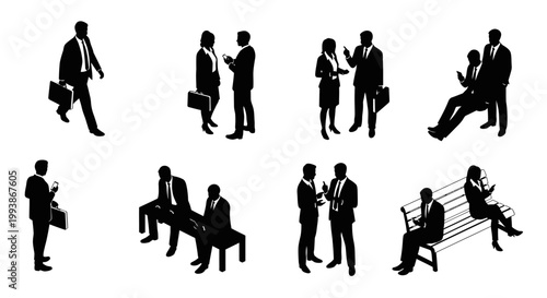 black silhouette isometric business people vector set depicting communication and mobile phone usage in corporate life.
