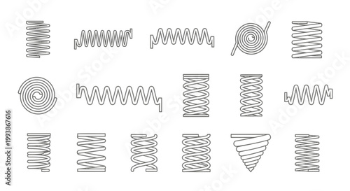 various spring coil icons showcasing different types of helical and spiral designs ideal for engineering and graphic resource illustration.
