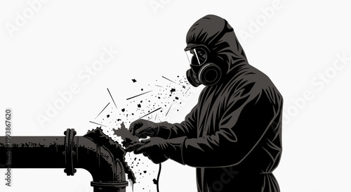 asbestos removal specialist in full hazmat suit working on a broken pipe highlighting industrial safety hazardous material handling.