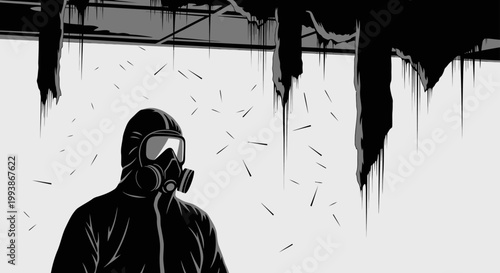 hazmat suit worker with gas mask surveys an asbestos-contaminated environment full of toxic waste emphasizing disaster cleanup.