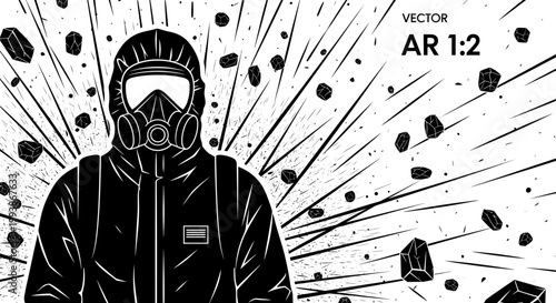 person in protective suit and gas mask amidst flying debris illustrating hazardous material protection and industrial safety