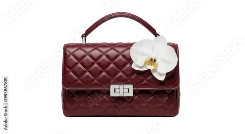 Minimal black silhouette icon, simple flat vector, bold black shape, no, no shading burgundy quilted handbag with a white orchid flower on a, flat icon style