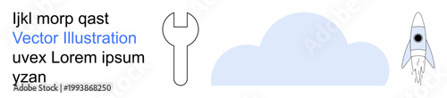 Cloud technology, innovation tools, development, startup launch, futuristic design, and digital infrastructure. A cloud, rocket and wrench icon. Cloud technology and innovation tools concept