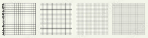 Square grid collection millimeter dot cell geometry, four samples blueprint style. Dense point lattice structure, interface layouts editorial planning sheets dashboards digital technology graphics. 