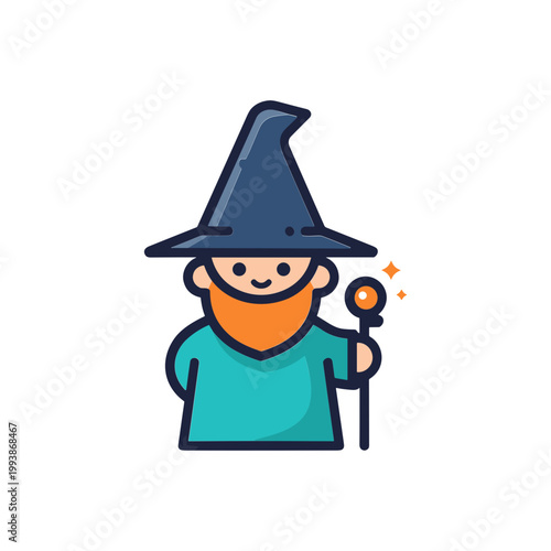 Friendly Wizard Character with Magic Wand and Sparkling Stars