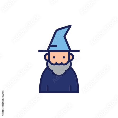 Friendly wizard icon with blue hat and grey beard, simple flat design