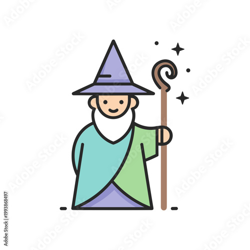Friendly wizard with magic staff and stars, flat design