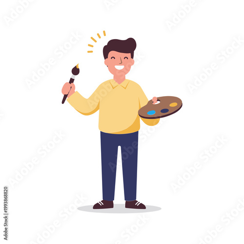 Happy Artist Holding Paintbrush and Palette, Creative Hobby, Flat Design