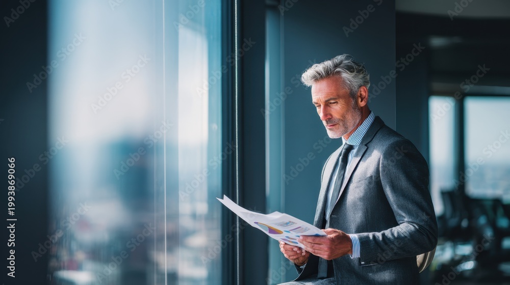 Fototapeta premium Mature Businessman Reviewing Documents by the Window: A distinguished, gray-haired businessman in a sharp suit stands by a large window, intently reviewing documents.