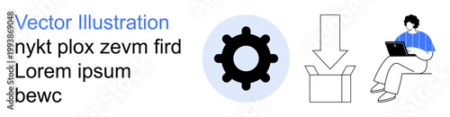 Technology processes, software installation, work efficiency, digital tasks, productivity, online work. Gear icon, download arrow person on laptop. Technology processes and software installation