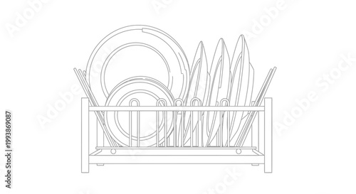 Simple Line Art Illustration of a Dish Drying Rack with Plates and Bowls.