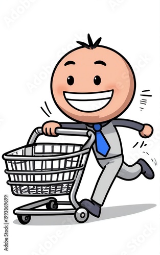 Happy businessman rushes shopping cart smiling broadly in cartoon