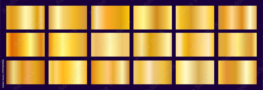 Naklejka premium Realistic gold, golden, foil gradient texture pack. Shiny golden metal foil gradient set. Vector illustration