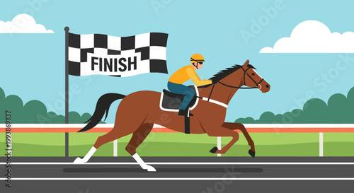 Horse Racing Event with Jockey Crossing Finish Line at Belmont Stakes