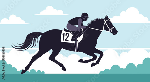 Racing horse and jockey compete in the famous Belmont Stakes event