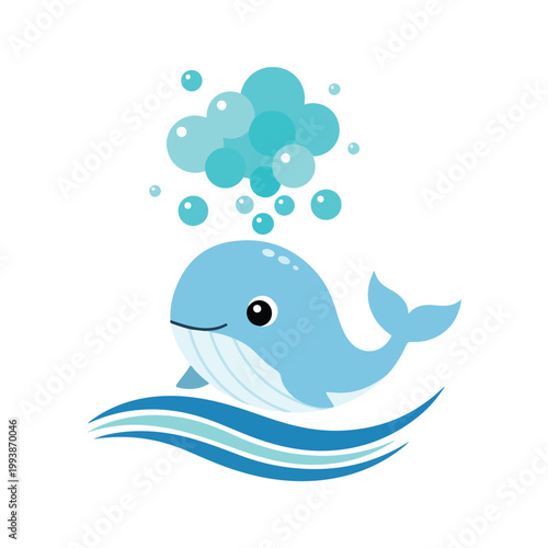 An adorable blue whale leaps over ocean waves, spouting a whimsical cloud of bubbles from its blowhole in a charming, minimalist vector style.