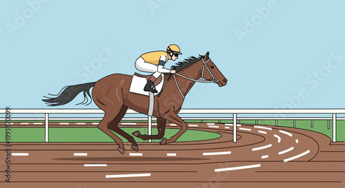 Horse racing jockey rides brown horse on Belmont Stakes track