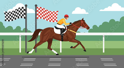 Racing horse and jockey compete in the Belmont Stakes event