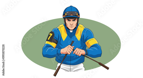 Jockey riding horse in blue Belmont Stakes racing uniform