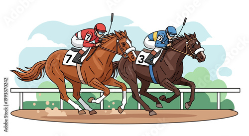 Horses racing fiercely on track at Belmont Stakes event