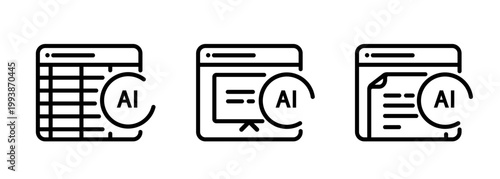 Set of AI artificial intelligence office application icons in outline style smart software for spreadsheet management presentation design and text document editing with ai integration for automated