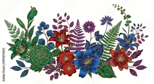 Detailed floral vector illustration showcasing a spring festival design with red, blue and green flowers and ferns arranged against a white backdrop in a May Day celebration