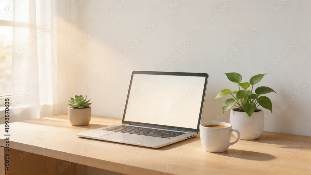 Fototapeta premium Modern office interior with a laptop on the table in an empty workspace