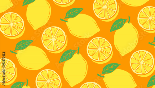 Lemon seamless pattern illustration. Citrus fruit repeat background. Slice outline minimal style. Fresh summer texture design. Food wrapping surface.